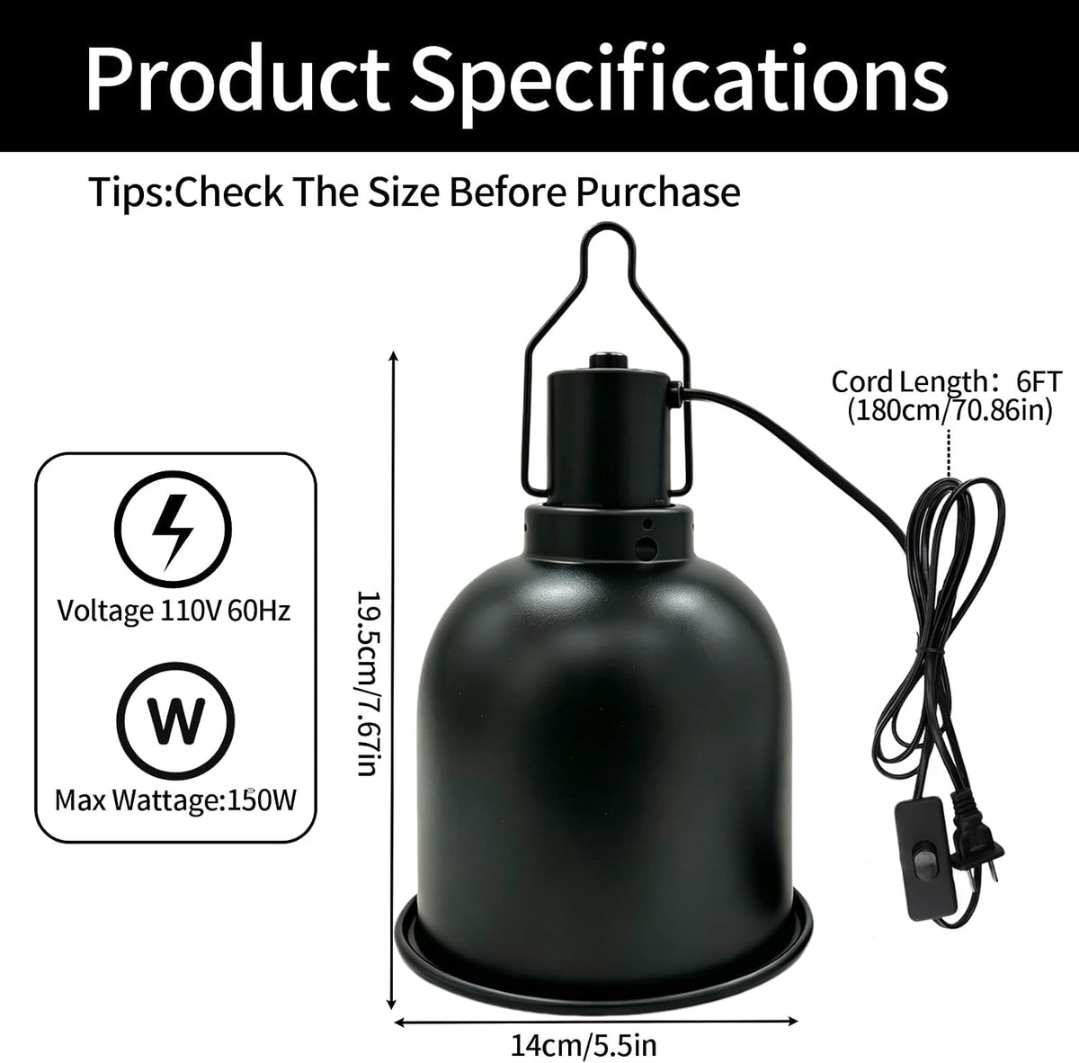 5.5" Deep Dome Reptile Light Fixture For Heat Lamp Focused Heat Lighting