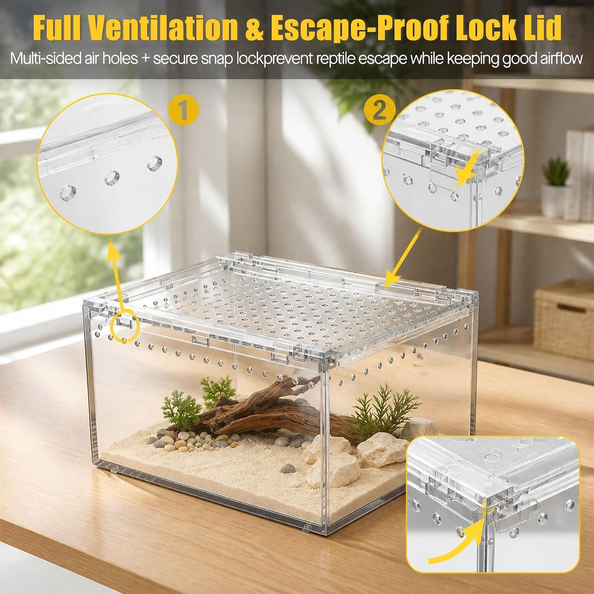 Reptile PC Tank Escape Proof Magnetic Lid Snail Terrarium Spider Enclosure