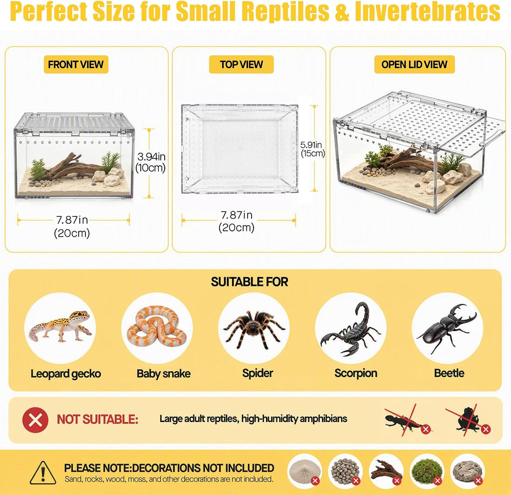 Reptile PC Tank Escape Proof Magnetic Lid Snail Terrarium Spider Enclosure
