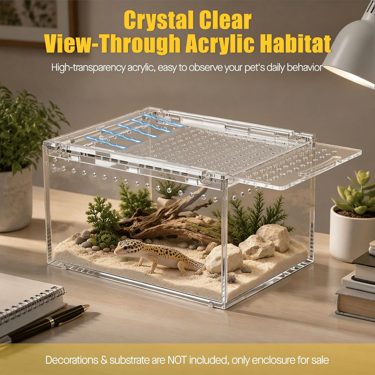 Reptile PC Tank Escape Proof Magnetic Lid Snail Terrarium Spider Enclosure