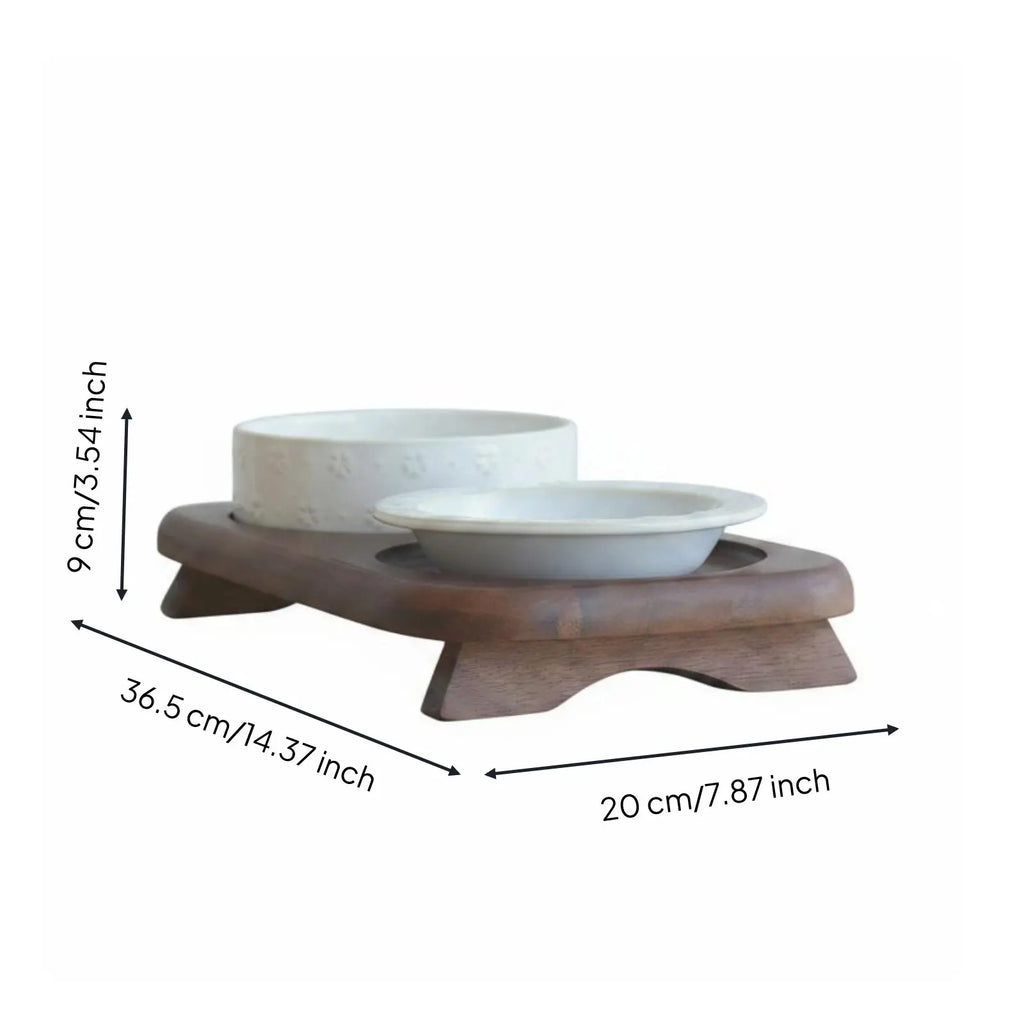 Double Ceramic Pet Bowl Stand Non-Slip Elevated Cat Bowl Set Hard to Tip over Wooden Pet Feeder for Cat, Small Dogs, Indoor