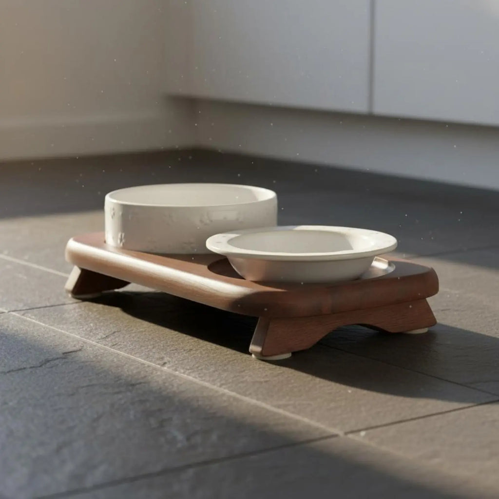 Double Ceramic Pet Bowl Stand Non-Slip Elevated Cat Bowl Set Hard to Tip over Wooden Pet Feeder for Cat, Small Dogs, Indoor