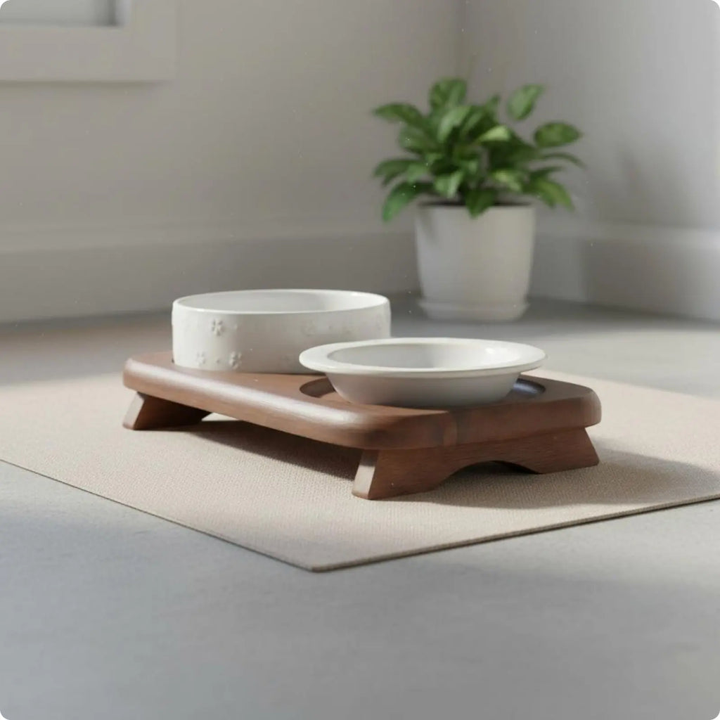 Double Ceramic Pet Bowl Stand Non-Slip Elevated Cat Bowl Set Hard to Tip over Wooden Pet Feeder for Cat, Small Dogs, Indoor