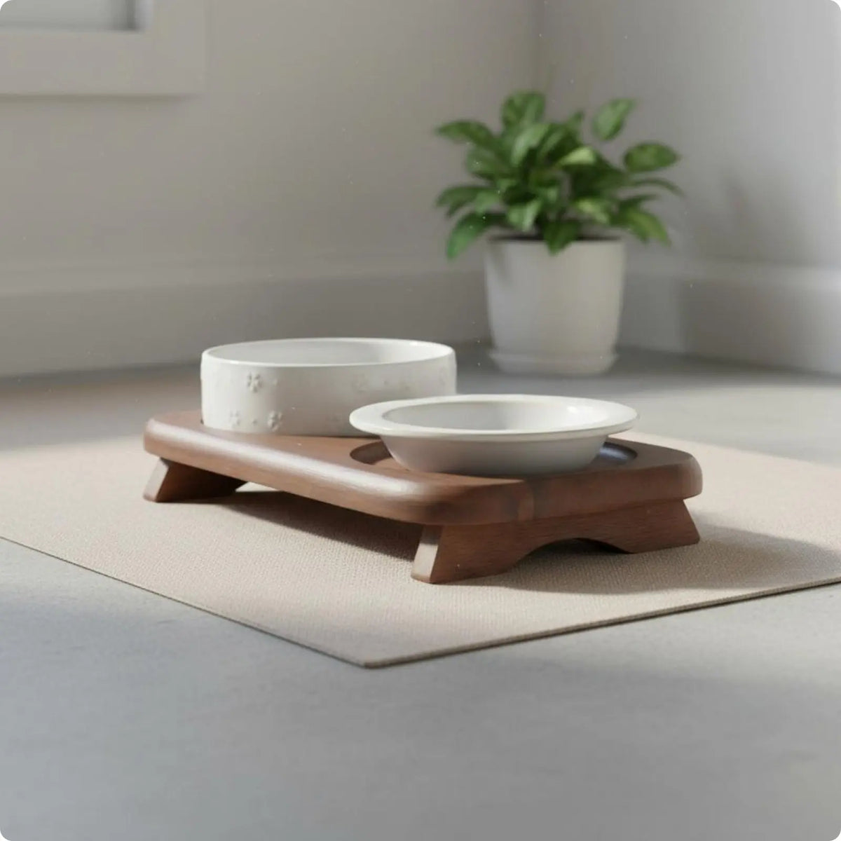 Double Ceramic Pet Bowl Stand Non-Slip Elevated Cat Bowl Set Hard to Tip over Wooden Pet Feeder for Cat, Small Dogs, Indoor