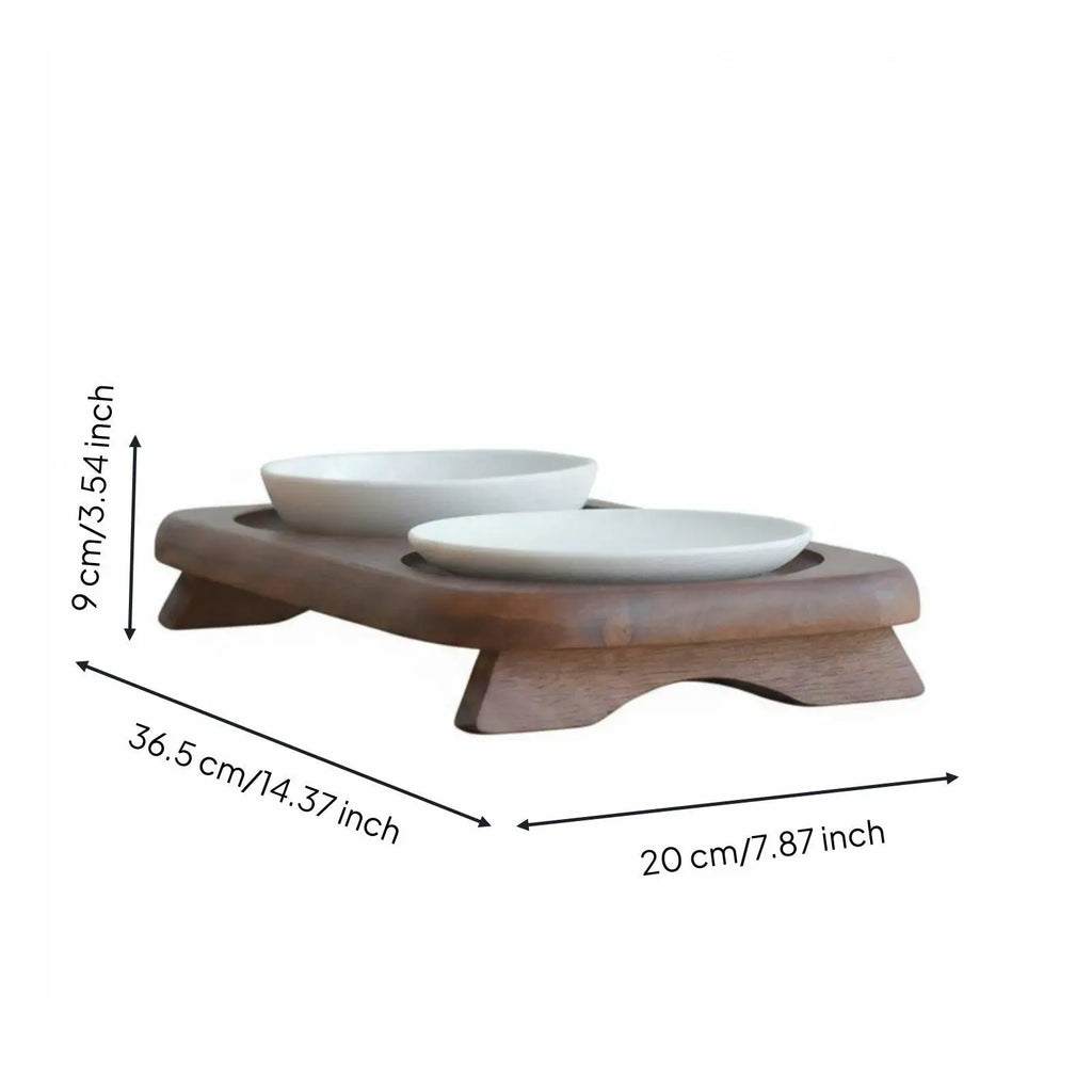 Double Ceramic Pet Bowl Stand Non-Slip Elevated Cat Bowl Set Hard to Tip over Wooden Pet Feeder for Cat, Small Dogs, Indoor