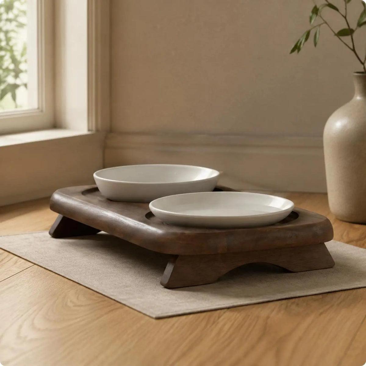 Double Ceramic Pet Bowl Stand Non-Slip Elevated Cat Bowl Set Hard to Tip over Wooden Pet Feeder for Cat, Small Dogs, Indoor