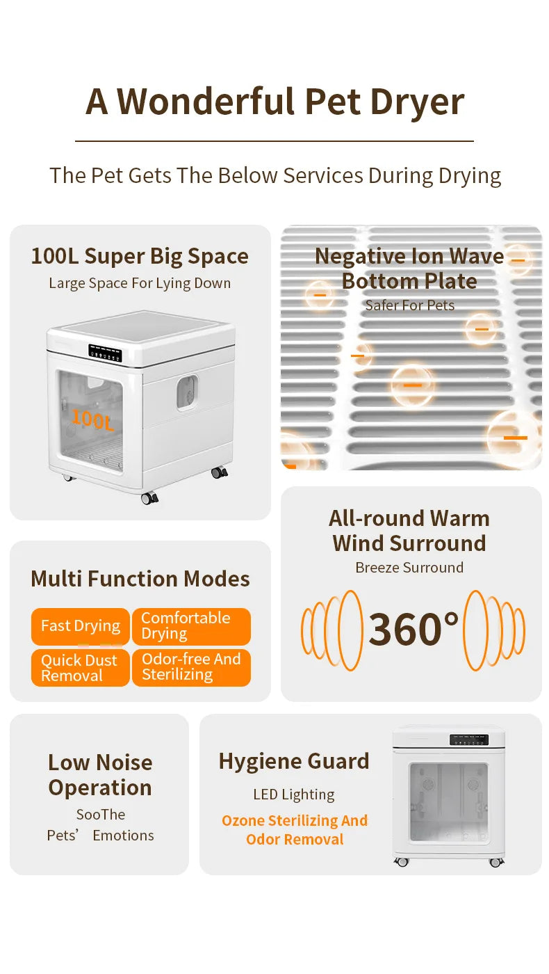 STLFLarge 100L Professional Smart Eco-Friendly Pet Hair Drying Box Fast Silent Dryer for Multi-Pet Dog Groomer Easy Use Bathroom