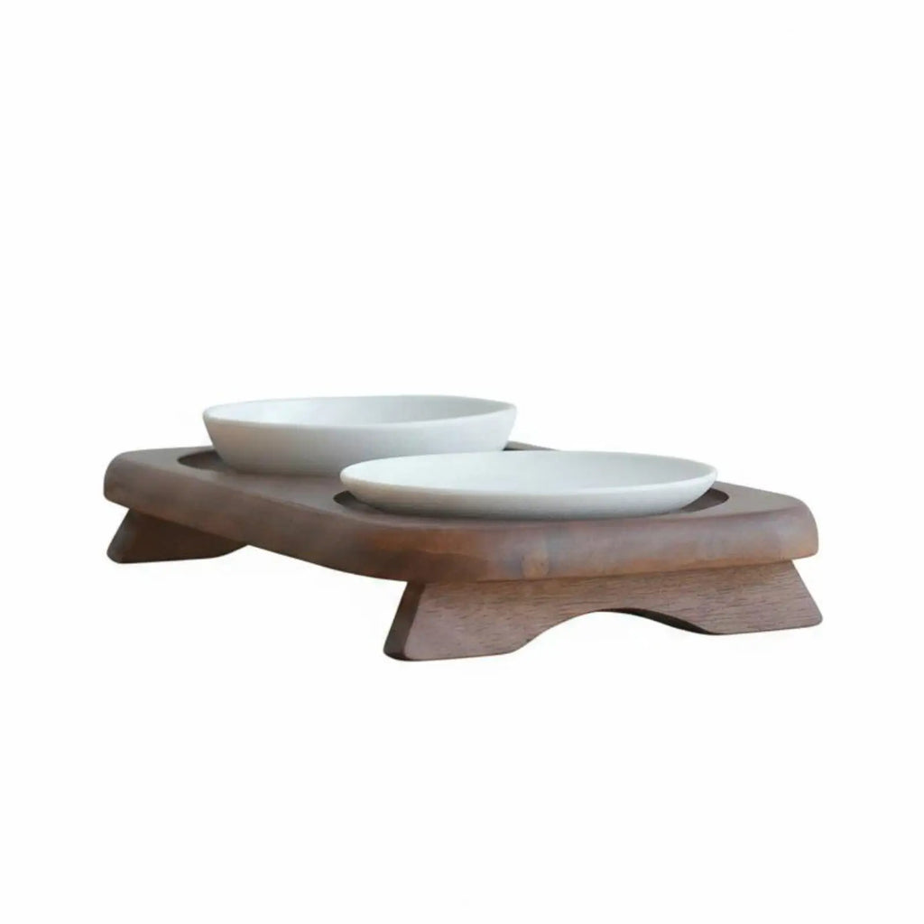 Double Ceramic Pet Bowl Stand Non-Slip Elevated Cat Bowl Set Hard to Tip over Wooden Pet Feeder for Cat, Small Dogs, Indoor